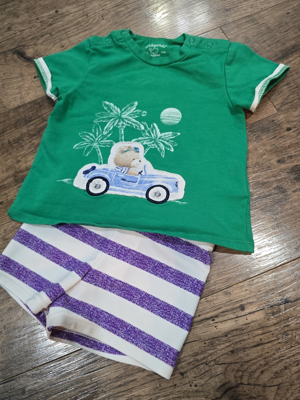 Mayoral Green Tee with Blue Car Bear and Blue-Striped Shorts 6/9 Months